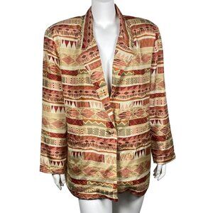 Vintage Bogari 100% Silk Blazer Jacket Womens M Geometric Aztec Print Button Up